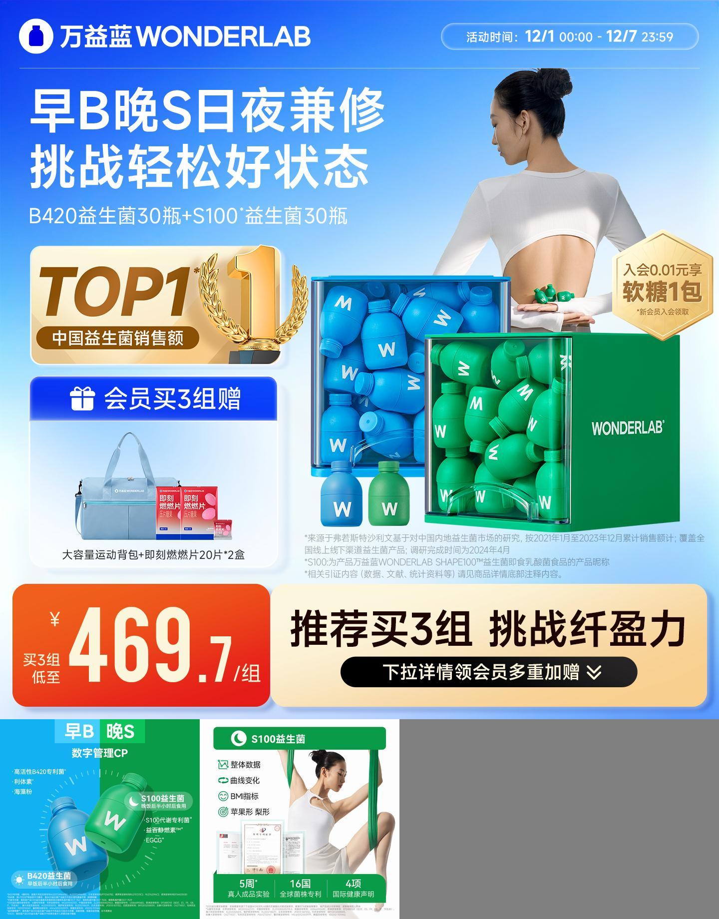 万益蓝wonderlab益生菌群管理法成人体重代谢冻干粉早b420晚s100