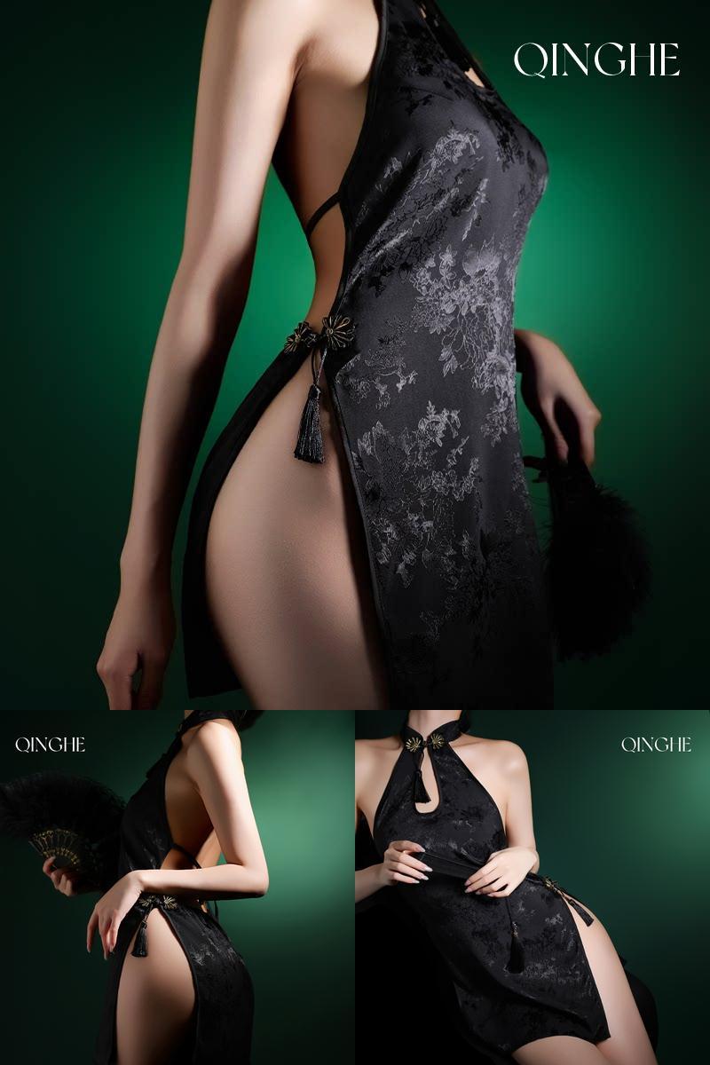 轻禾女缎面新中式旗袍吊带睡衣