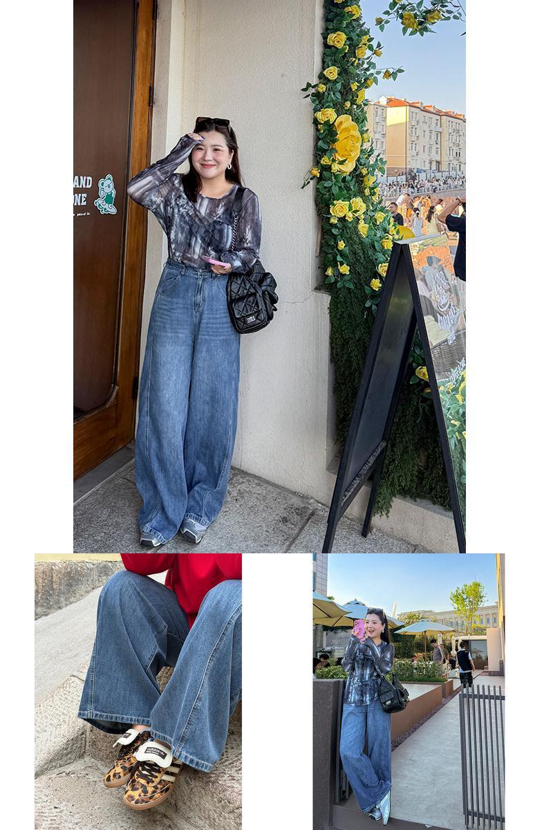 木子理想胖mm大码宽腿直筒牛仔裤