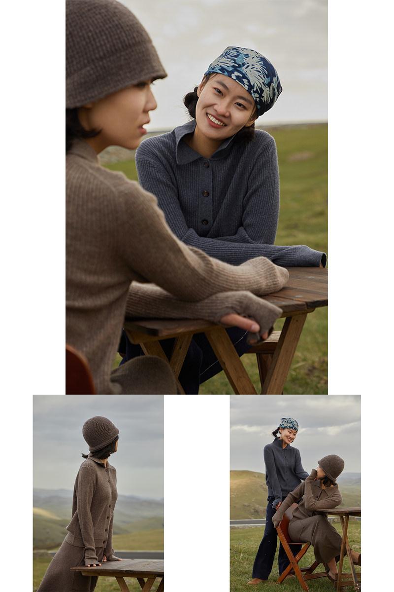 定制羊绒白厂丝翻领复古开衫