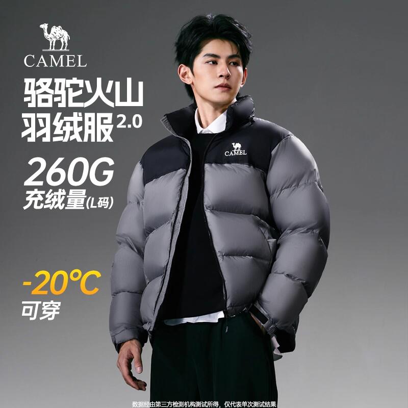 骆驼火山羽绒服男冬季2025新款加绒加厚保暖防寒短款面包服外套男