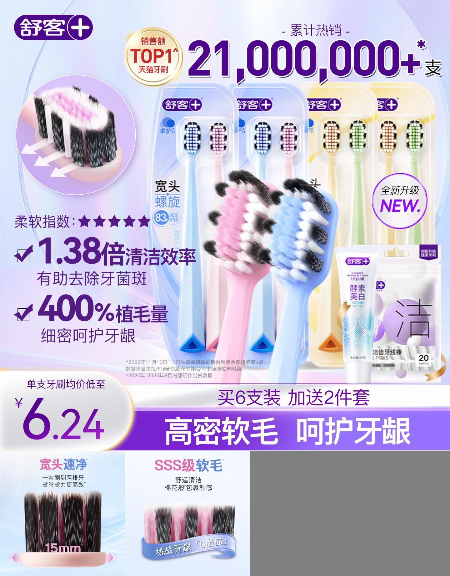 舒客宽头牙刷软毛成人超软护龈情侣女男士专用旗舰店正品家庭装
