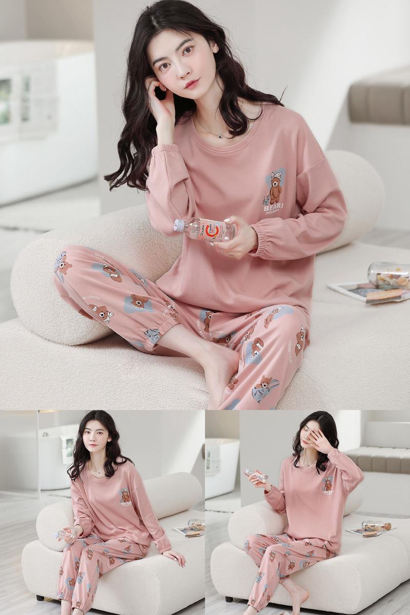 100%纯棉睡衣女士秋冬季2025年新款长袖束脚休闲家居服可外穿套装