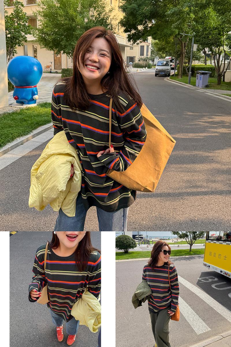 木子理想胖mm大码经典条纹针织衫