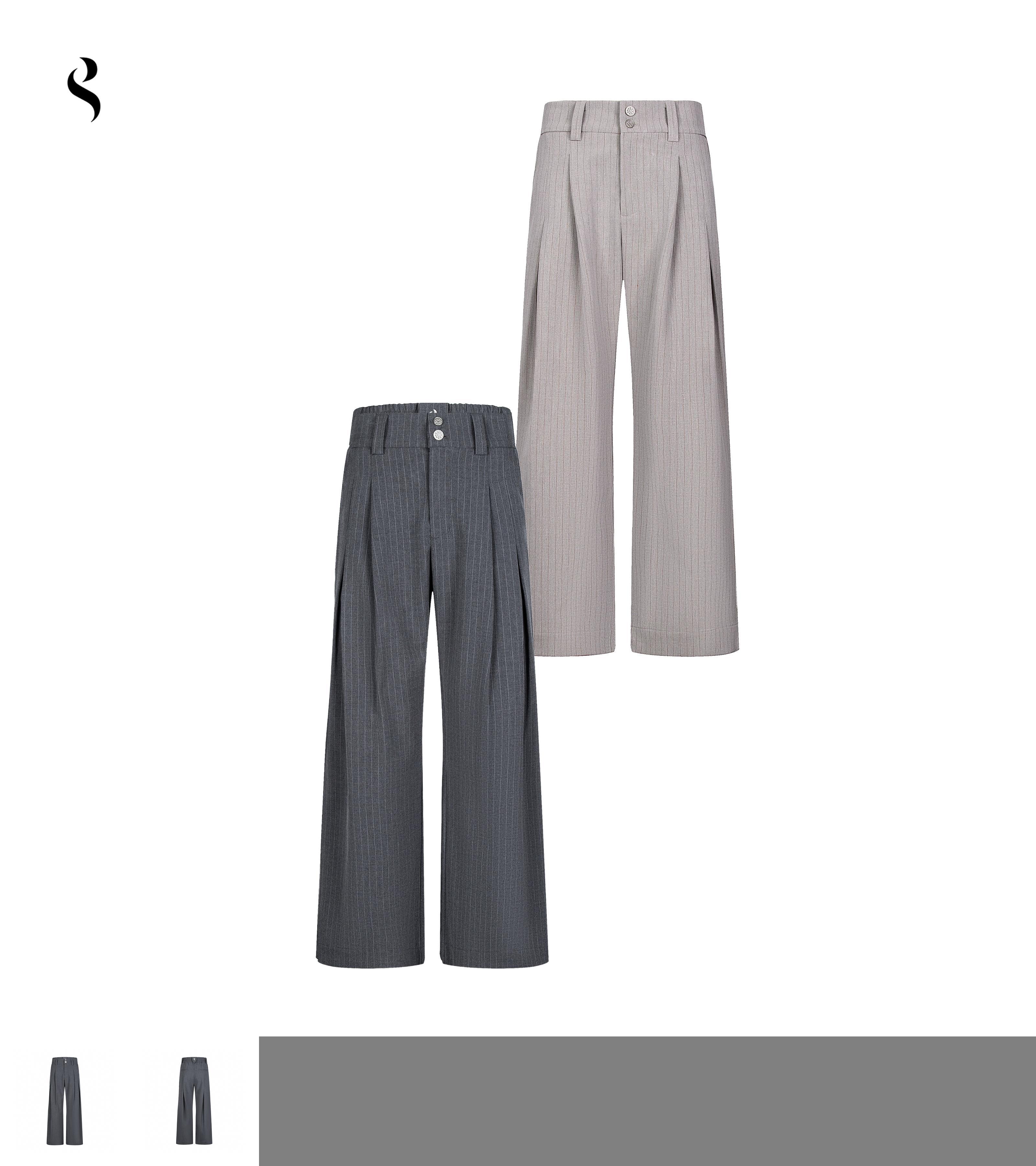 Succinct“赋”剑道三角双褶多纽扣条纹A字微阔直筒长裤西裤