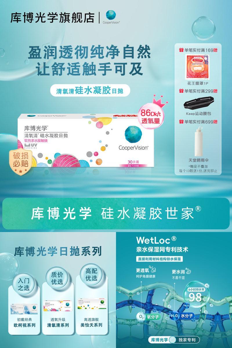库博光学清氧清硅水凝胶日抛30片隐形近视眼镜高透氧舒适UV防护