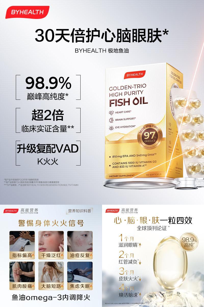 BYHEALTH海外旗舰金装98.9%高纯度深海鱼油omega3成人记忆力rTG