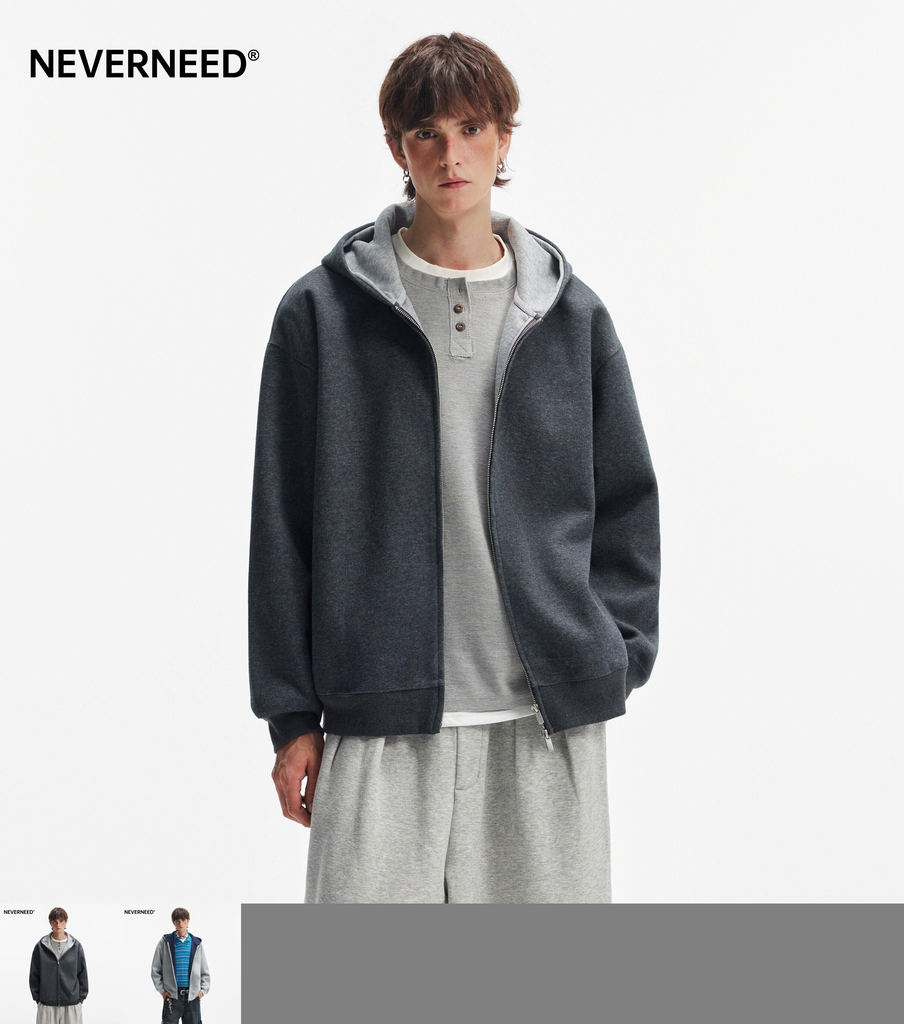 NEVERNEED美式cleanfit连帽卫衣男女boxy短款双拉链撞色开衫外套