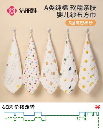洁丽雅（Grace）婴儿小毛巾A类 6层纱布口水巾儿童宝宝洗脸小方巾 5条装