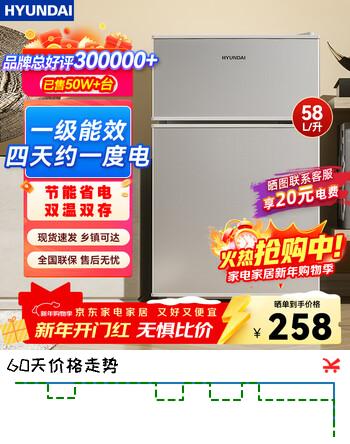 HYUNDAI（韩国现代）小冰箱迷你小型家用冷藏冷冻宿舍出租房办公室双开门二门电冰箱节能省电 58L银【日销过百+租房必备】