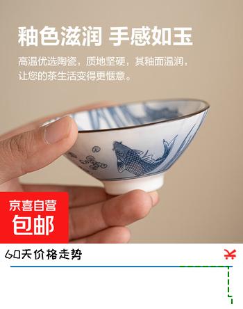 青花斗笠茶杯陶瓷大号主人瓷器功夫茶盏个人家用单茶杯子 （花色随机)80ml1只