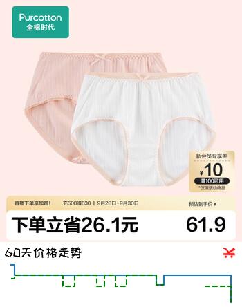 【8折】全棉时代少女内裤中腰女童纯棉裆大儿童2条装 肤粉色 白色（三角） 140 https://u.jd.com/41RIjK9----普遍有货 | 下1件最优到手单价：54.4 -> 【43.9】