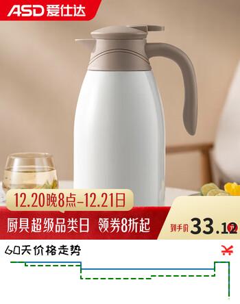 爱仕达（ASD）保温壶2L家用不锈钢内胆暖水壶大容量热水瓶纯净白RWS20P4WG-W