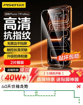 品胜【升级强化版】适用苹果17ProMax钢化膜iPhone17ProMax手机膜无边全屏高清抗指纹防摔耐磨贴膜 2片