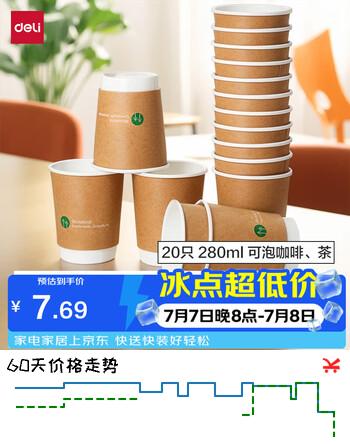 得力（deli）纸杯一次性水杯子 牛皮加厚隔热办公商务泡咖啡茶杯 20只280ml