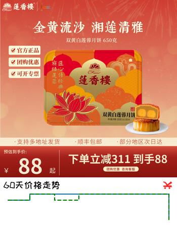 【7折】莲香楼双黄白莲蓉月饼礼盒广式月饼中秋节送人礼品礼物团购 双黄白莲蓉月饼650克https://u.jd.com/4g3xCva----普遍有货 | 下4件最优到手单价：118 -> 【83.6】