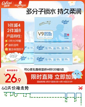 可心柔（COROU）婴儿柔纸巾 乳霜纸 3层120抽5包 M码 100%原生木浆 抽纸 云柔巾