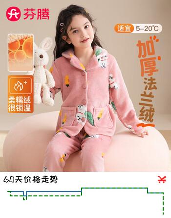 芬腾儿童睡衣女厚法兰绒翻领保暖可爱白兔女童睡衣家居服Q9983740953