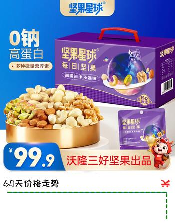 【6折】坚果星球  沃隆出品每日坚果炒货开心果混合干果仁零食大礼包腰果核桃礼盒 【0钠 高蛋白】每日坚果600ghttps://u.jd.com/kDNHNs5----普遍有货 | 下1件最优到手单价：99.81 -> 【59.9】