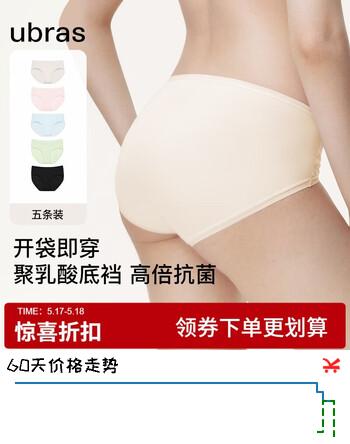 ubras优可丝灭菌聚乳酸底裆女士中腰加长底裆三角裤（五条装）情人节