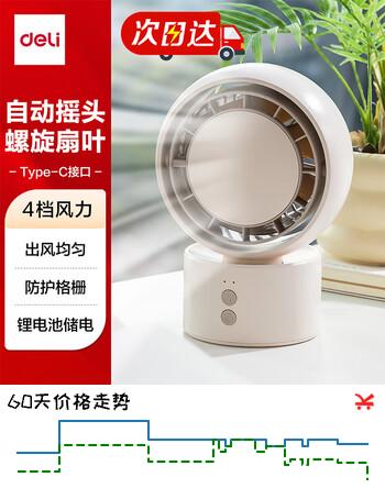 得力风扇充电摇头电风扇小风扇办公室桌面风扇小型迷你usb充电风扇宿舍户外露营台式摇头电扇LK107米白