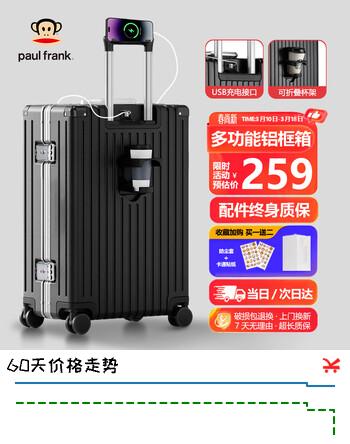 大嘴猴（paul frank）铝框行李箱颜值拉杆箱多功能小型登机箱20英寸密码旅行箱充电箱子