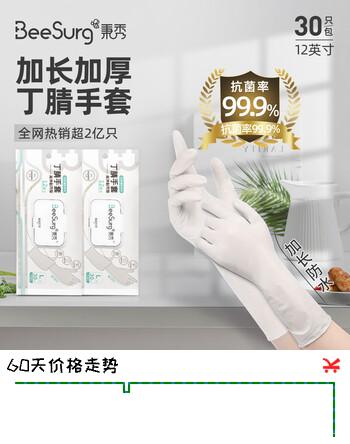 秉秀12英寸加长丁腈手套食品级家务清洁劳保洗碗橡胶手套白色60只M码