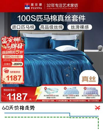 【5折】富安娜家纺床上四件套高档丝绵100s匹马棉纯棉抗菌双人被套床单1.5米床https://u.jd.com/UGr3p53----普遍有货 | 下1件最优到手单价：2223 -> 【1186.5】