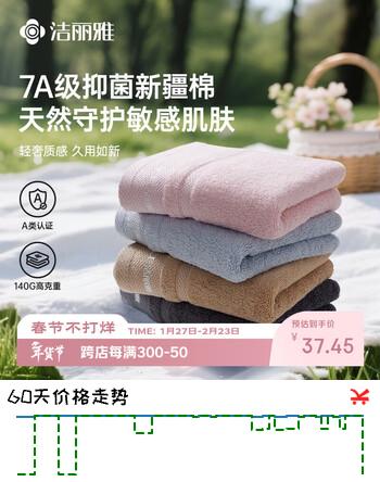 洁丽雅（Grace）纯棉毛巾7A抗菌酒店加厚吸水男女士全棉洗脸面巾【四条装】