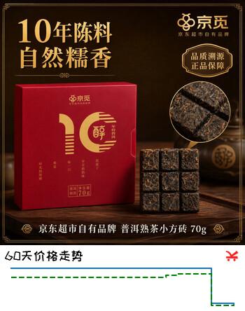 【9折】京觅10年陈普洱茶熟茶糯香小方砖70g严选口粮茶叶中秋礼品https://u.jd.com/xg5GyfE----普遍有货 | 下83件最优到手单价：26.91 -> 【26.1】