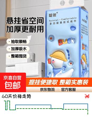 【0折】悬挂式抽纸餐巾大包提挂式底部抽纸平板卫生纸整箱批发加厚擦手纸 1提（优惠尝鲜装）https://u.jd.com/U1JCjVe----普遍有货 | 下1件最优到手单价：3.2 -> 【0.12】