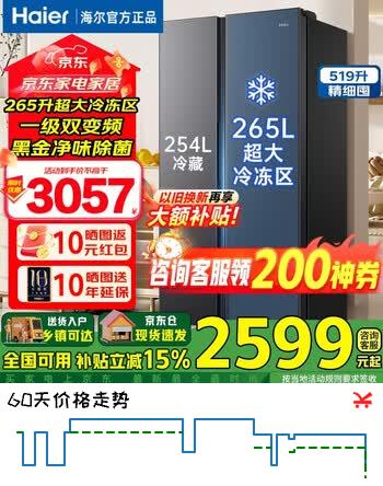 海尔（Haier）冰箱519升双开门对开门冰箱大冷冻格局一级能效双变频风冷无霜大容量冰箱 【爆款推荐】519升星蕴银丨大冷冻格局丨黑金净化