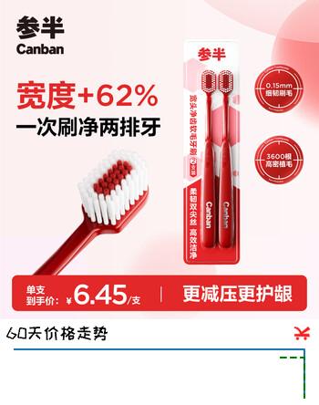 参半轻灵宽头软毛牙刷减压护龈清洁深洁齿缝高密植毛成人双支装