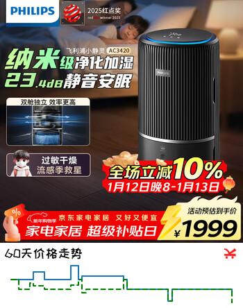 飞利浦（PHILIPS）空气净化器加湿器一体机除甲醛神器新房急入住鼻炎家用净化机除烟味螨尘卧室专用AC3420黑