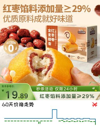 三只松鼠全麦椰香红枣卷1kg 饱腹代餐小蛋糕休闲零食糕点点心下午茶母亲节