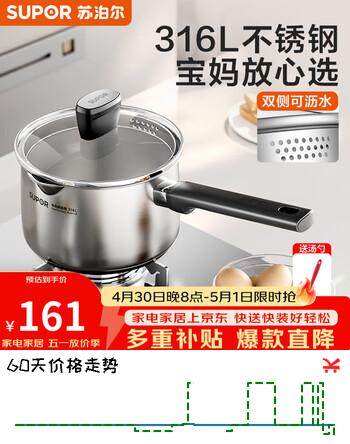 苏泊尔（SUPOR）奶锅316L不锈钢宝宝辅食锅热奶泡面小汤锅加厚电磁炉燃气通用 316L不锈钢奶锅- 18cm