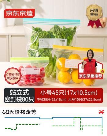 京东京造 密封袋 站立式食品级 烧烤露营组合装小号+中号+大号【80只】
