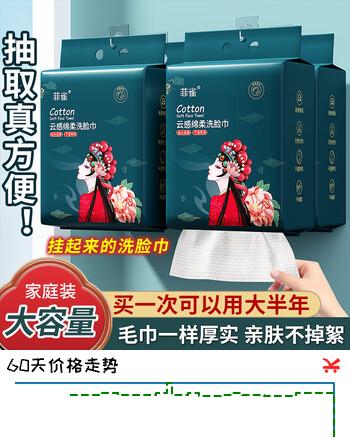 【5折】菲雀洗脸巾悬挂式洗脸巾一次性绵柔巾婴儿学生国潮洁面巾约100抽 厚款 180克 1提 悬挂https://u.jd.com/x6VdJco----普遍有货 | 下34件最优到手单价：9.54 -> 【5.16】