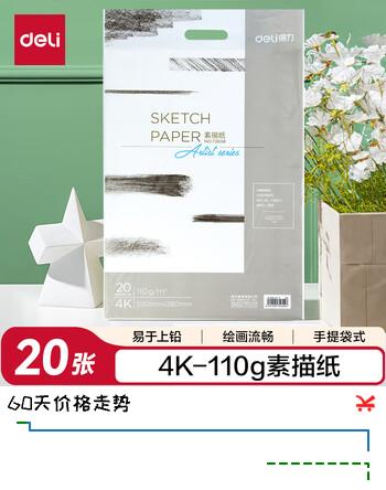【7折】得力（deli）4K20张素描纸110g素描本绘画纸彩铅画手绘临摹初学者铅画纸4开开学必备礼物男女孩https://u.jd.com/xDco7ck----普遍有货 | 下13件最优到手单价：5.53 -> 【4.11】