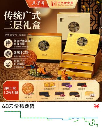 【6折】五芳斋月饼礼盒 老字号新款中秋商务礼赠三层礼盒 五芳丰月8味12饼1260ghttps://u.jd.com/4DkPlGB----多半有货 | 下2件最优到手单价：67.05 -> 【44.7】