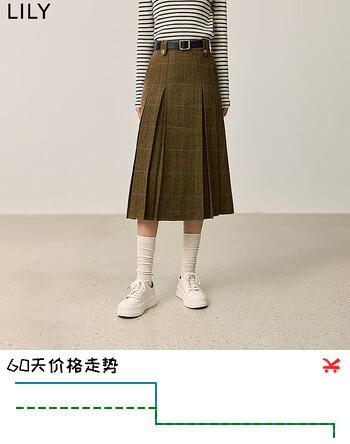 LILY冬新款女装复古经典老钱风格纹绵羊毛高腰百褶裙女半身裙 308橄榄绿 M