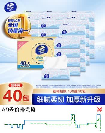 【5折】维达（Vinda）抽纸 细韧3层100抽40包S码 细腻柔韧 面巾纸整箱 https://u.jd.com/k6GP4Xx----普遍有货 | 下5件最优到手单价：42.63 -> 【21.43】