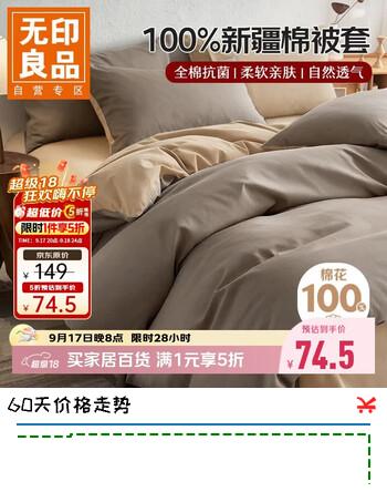 【5折】无印良品A类100%纯棉被套单件 全棉双人被罩学生床上用品 200230cmhttps://u.jd.com/4OI5Jwq----普遍有货 | 下1件最优到手单价：134 -> 【74.5】