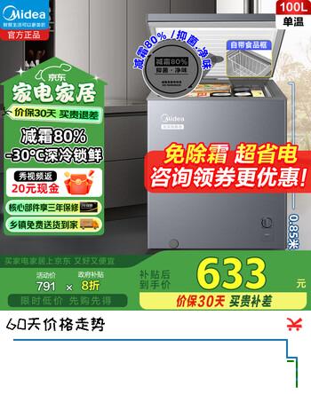 美的（Midea）家用冰柜100/200/300升小型专利减霜冷藏冷冻保鲜囤货卧式冰柜商用大容量一级能效卧式电冰箱 减霜80%家用 100L 灰色 100KMF(E)