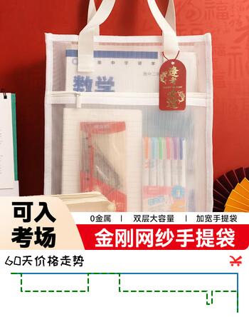 离草考试专用透明金刚网纱手提袋中高考考试专用透明袋文具套装祝福礼物小学生美术袋作业袋-拉链款