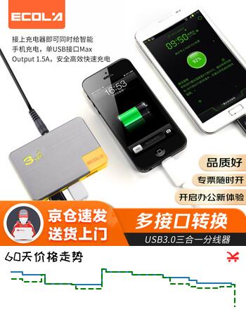 宜客莱（ECOLA）电脑桌USB3.0三合一分线器高速3口拓展坞USB集线器HUB扩展坞笔记本一拖四多接口转换器UHUB300BO