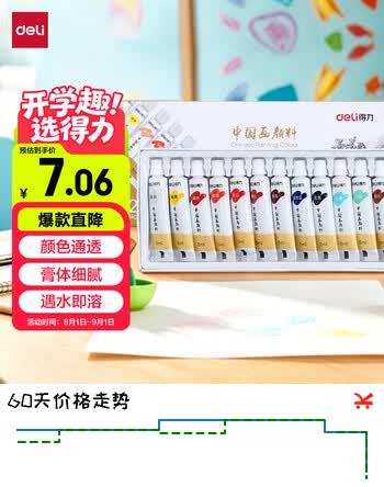 【6折】得力（deli）12色5ml中国画颜料水墨山水画画画文房四宝绘画彩绘色彩入门套装考试毕业礼物礼物男女孩https://u.jd.com/UGV964h----普遍有货 | 下2件最优到手单价：10.8 -> 【6.68】