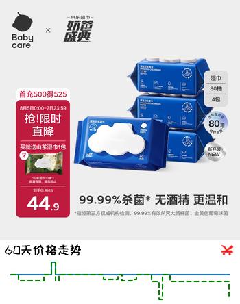 【6折】babycare清洁卫生湿巾 加大加厚湿纸巾无酒精温和杀菌 80抽4包https://u.jd.com/U62psAH----普遍有货 | 下1件最优到手单价：39.49 -> 【24.9】