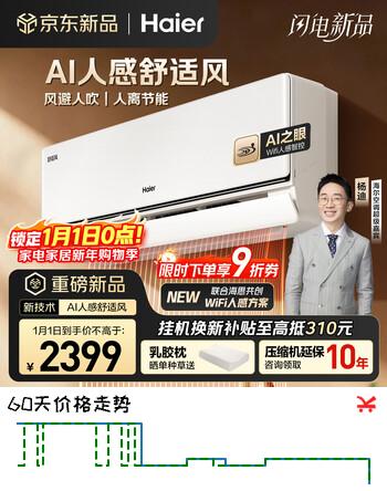 海尔空调 麦浪舒适风 大1匹 一级能效变频 冷暖两用 卧室空调挂机 国家补贴 以旧换新 KFR-26GW/E2-1