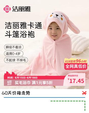 洁丽雅（Grace）儿童家居浴袍家用柔软宝宝斗篷婴儿洗澡浴巾披肩大裹巾 小粉兔